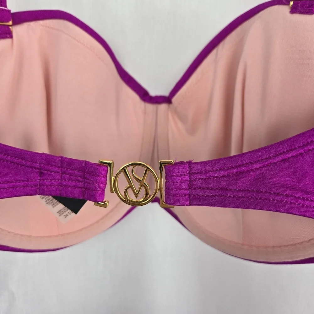 Victoria's Secret Fushia Bikini Twist Front Top 34DD Gold Ring Bottoms Size S